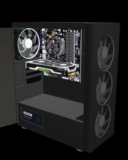 Computador com a tampa lateral aberta, mostrando placa-mãe, memória, cooler, placa de vídeo e fonte