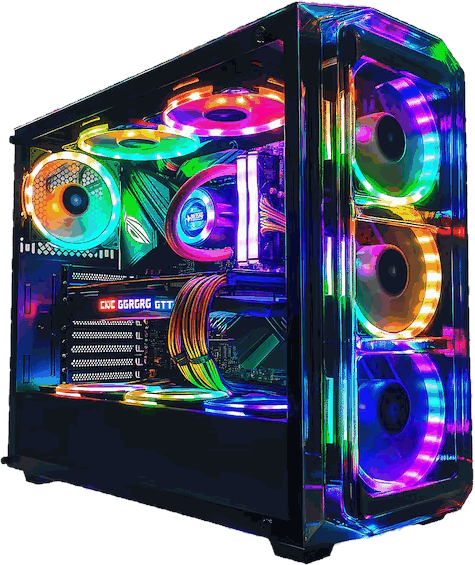 Gabinete de computador com painel de vidro e iluminação RGB, visto de frente e de lado